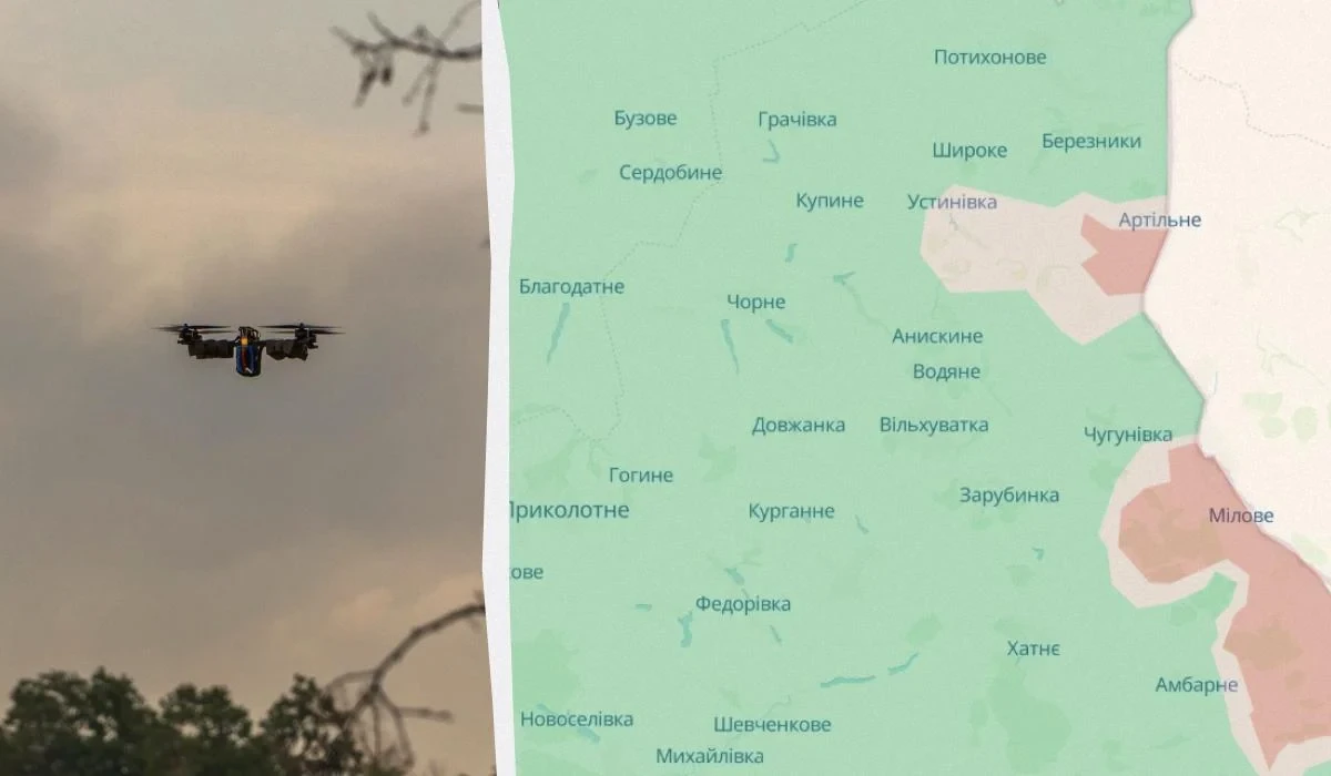 Карта DeepState із зоною просування російських військ та «сірою» зоною біля села Артільне на Харківщині